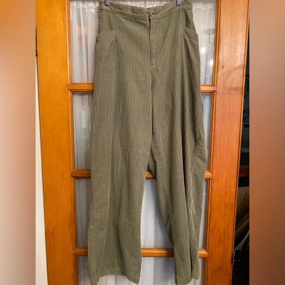 FLAX soft subtle stripe pin wale Olive pants trousers wide leg high waist Sz. M - Picture 1 of 7
